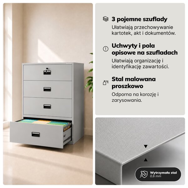 Szafa kartotekowa metalowa z 4 szufladami szara, 900x1320x600 mm: SARA XL V4