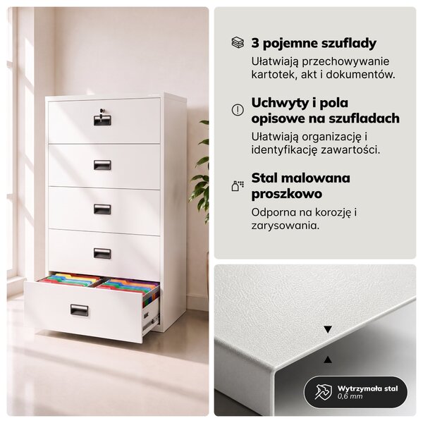 Szafa kartotekowa metalowa z 5 szufladami biała, 900x1620x600 mm: SARA XL V5