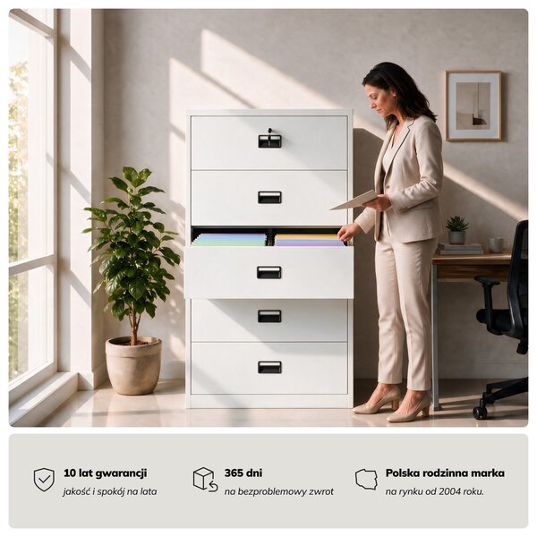 Szafa kartotekowa metalowa z 5 szufladami biała, 900x1620x600 mm: SARA XL V5