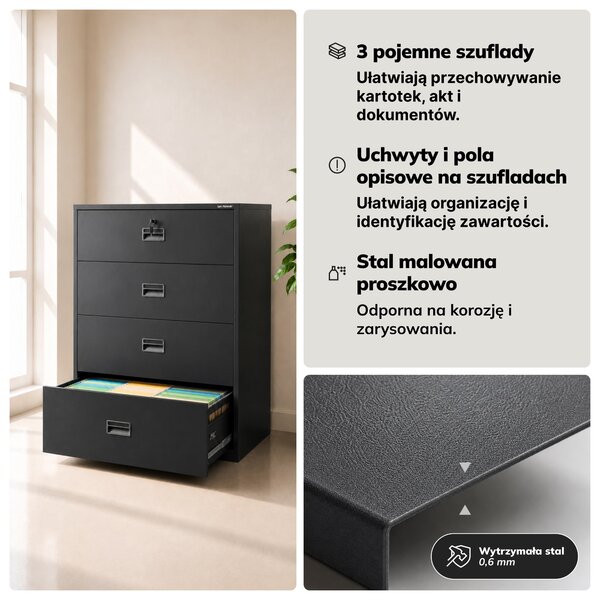 Szafa kartotekowa metalowa z 4 szufladami antracytowa, 900x1320x600 mm: SARA XL V4