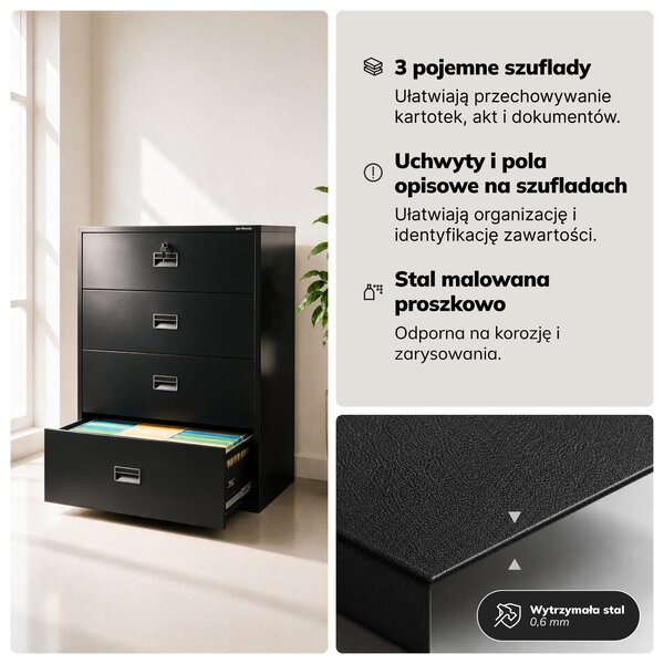 Szafa kartotekowa metalowa z 4 szufladami czarna, 900x1320x600 mm: SARA XL V4