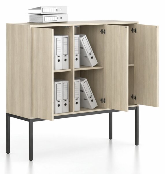 Szafa biurowa FRAME, niska, czarna podstawa, 3x drzwi, 1299 x 450 x 1331 mm, PUSH-lock, dąb naturalny