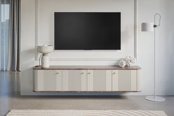 Szafka RTV wisząca Vesper 4D 187 cm - kaszmir / orzech / złote uchwyty