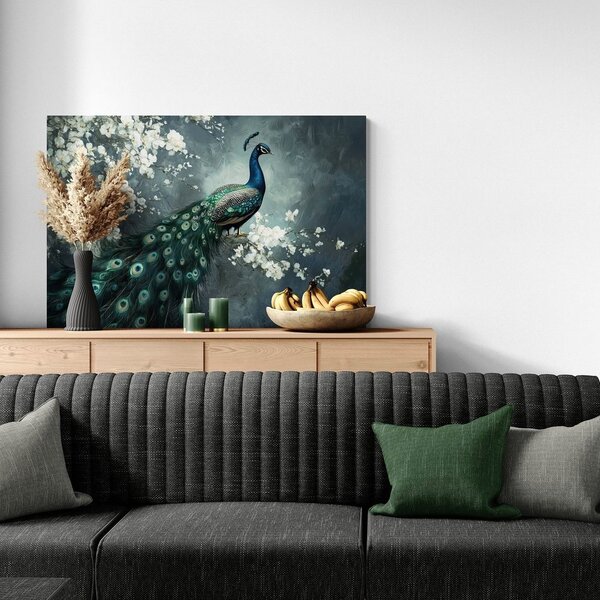 Obraz paw z kwiatami