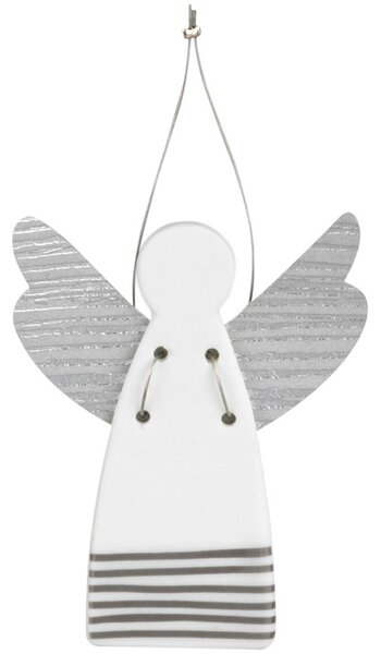 Srebrny porcelanowy anioł STRIPES, wiszący