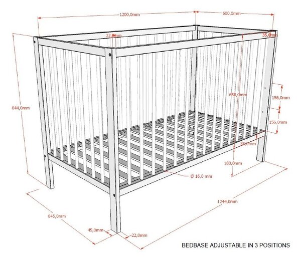 Brązowe łóżeczko z litego drewna bukowego z regulowaną wysokością 60x120 cm Dino – Vipack