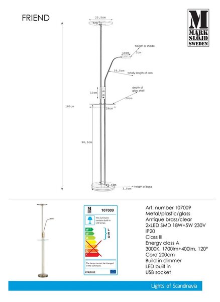Lampa stojąca z LED w kolorze mosiądzu Markslöjd Friend Uplight