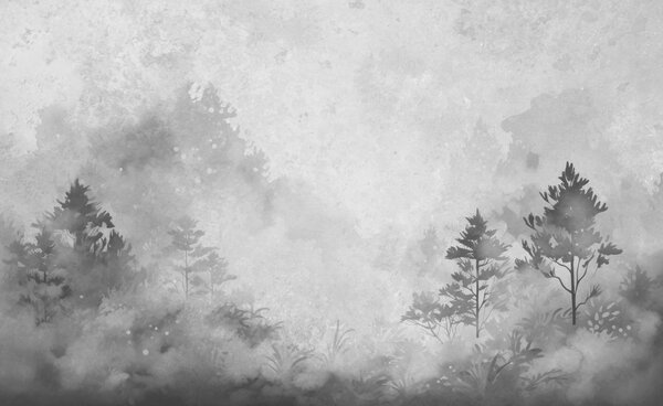 Fototapeta Czarno-biały obraz drzew i krzewów, Popularna Fototapeta, Popularna Fototapeta, w08862v1 - Muralas.pl