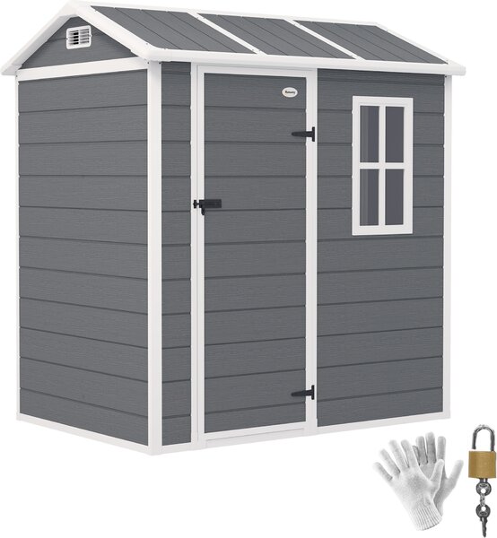 Plastikowa szopa narzdziowa Outsunny 2,1 m² 186 x 130 x 199 cm z dachem dwuspadowym, oknem podogowym, zamykanymi drzwiami, odporna na warunki atmosferyczne, szopa ogrodowa na podwórko, szara