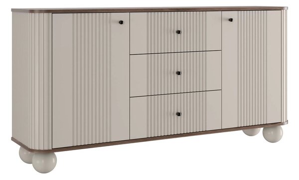 Komoda Vesper 160 cm z szufladami na kulach - kaszmir / orzech / czarne uchwyty / nogi kule
