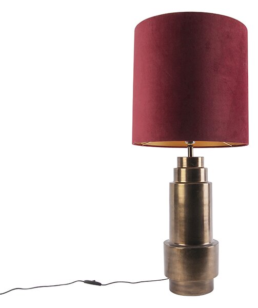 Lampa stołowa art deco brąz klosz welurowy czerwony 40cm - Bruut Oswietlenie wewnetrzne