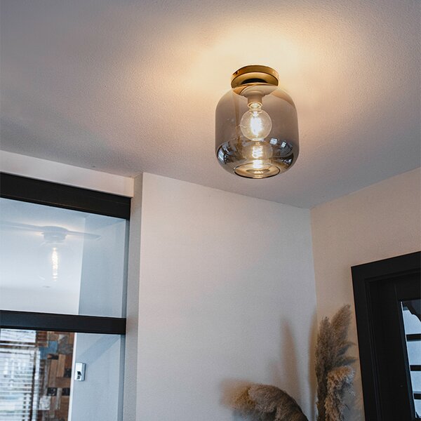 Designerska lampa sufitowa czarna i złota z dymionym szkłem - Zuzanna