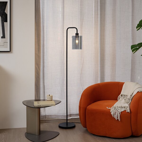 Designerska lampa podłogowa czarna z przydymionym szkłem - Domo