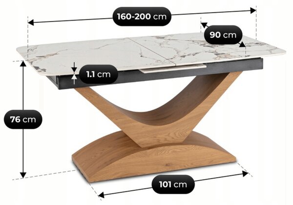 Stół Rozkładany Prostokątny ALICANTE 160-200 cm Ceramiczny Biały Marmur/Dąb do Jadalni Nowoczesny
