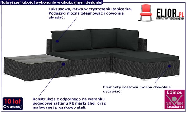 Czarny 4-częściowy wypoczynkowy zestaw na taras K9-N36
