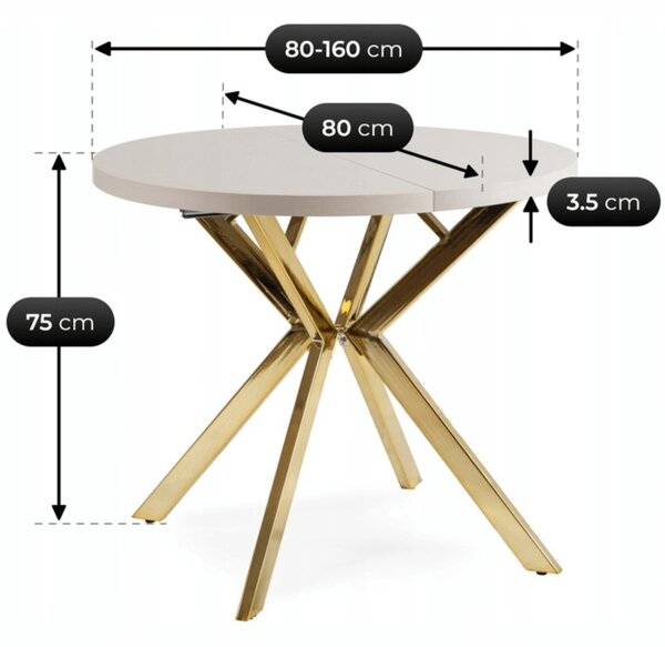Stół Okrągły Rozkładany DORIAN 80-160 cm Kaszmir/Złoty Glamour