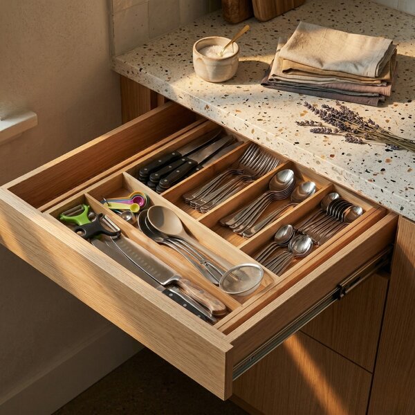 Rozkładany organizer na sztućce VARIO, 53 x 33-43 cm, bambus