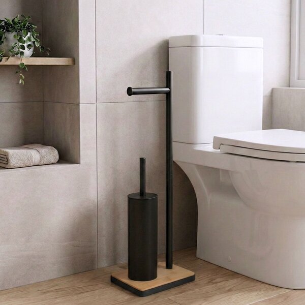 Szczotka do WC z uchwytem na papier toaletowy i bambusową podstawką IVLO, 65 cm