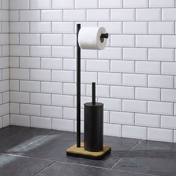 Szczotka do WC z uchwytem na papier toaletowy i bambusową podstawką IVLO, 65 cm