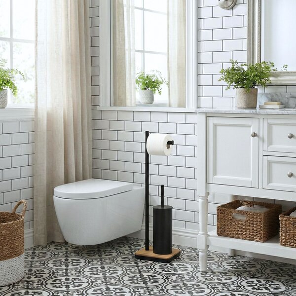 Szczotka do WC z uchwytem na papier toaletowy i bambusową podstawką IVLO, 65 cm