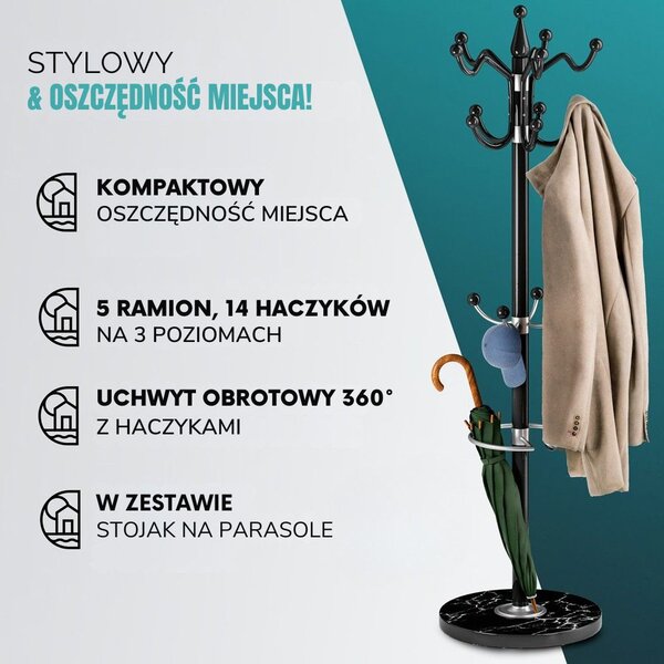 Wieszak stojący TENZY z marmurową podstawą, 37x173 cm, czarny Casaria