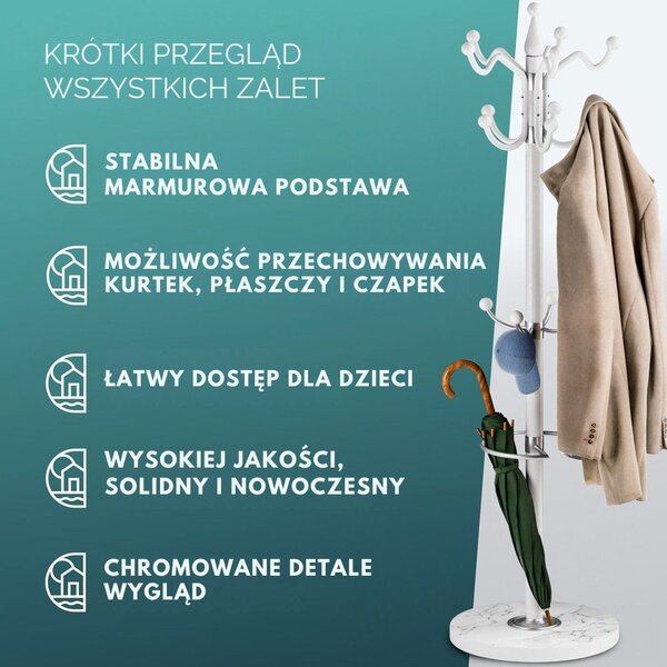 Wieszak stojący TENZY z marmurową podstawą, 37x173 cm, biały Casaria