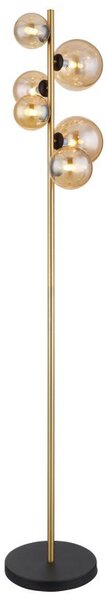 Lampa podłogowa Globo RIHA 56135-6S czarna/mosiądz mat, szkło bursztynowe, 6xG9 LED 155 cm z wyłącznikiem nożnym