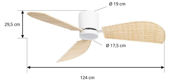 Wentylator sufitowy LED Lucande Faipari, biały/rattan, DC, 132 cm Faipari, biały / opal, salon / jadalnia, drewno, nowoczesny