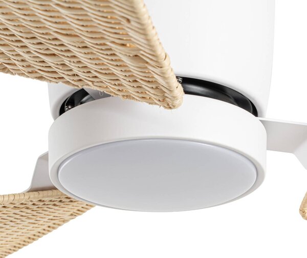 Wentylator sufitowy LED Lucande Faipari, biały/rattan, DC, 132 cm Faipari, biały / opal, salon / jadalnia, drewno, nowoczesny