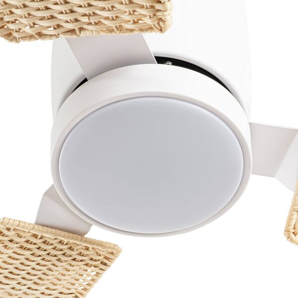 Wentylator sufitowy LED Lucande Faipari, biały/rattan, DC, 132 cm Faipari, biały / opal, salon / jadalnia, drewno, nowoczesny