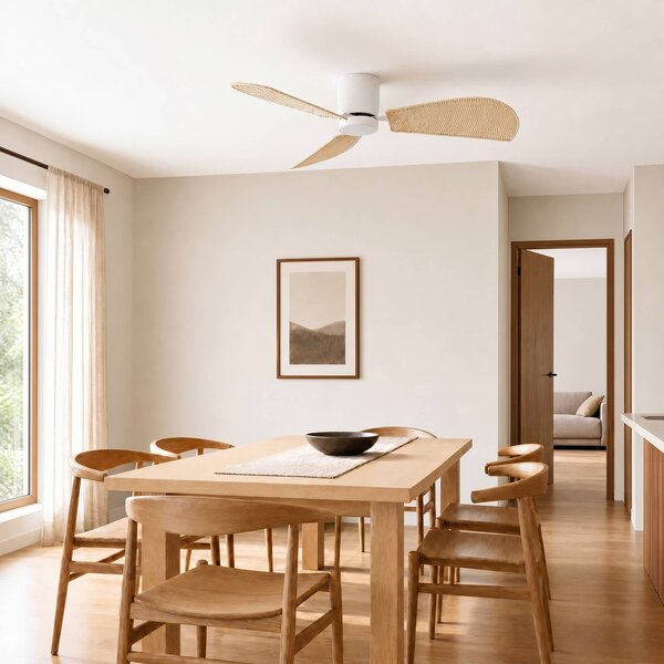 Wentylator sufitowy LED Lucande Faipari, biały/rattan, DC, 132 cm Faipari, biały / opal, salon / jadalnia, drewno, nowoczesny
