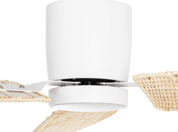 Wentylator sufitowy LED Lucande Faipari, biały/rattan, DC, 132 cm Faipari, biały / opal, salon / jadalnia, drewno, nowoczesny