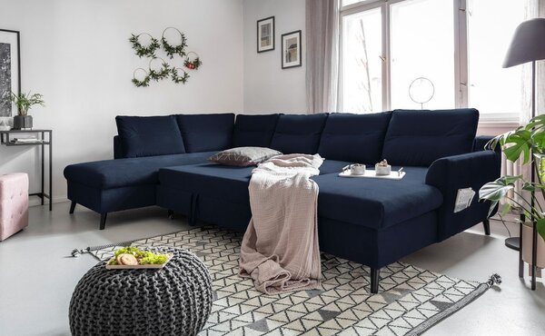 Ciemnoniebieska aksamitna rozkładana sofa w kształcie litery "U" Miuform Stylish Stan, lewostronna
