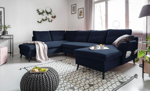 Ciemnoniebieska aksamitna rozkładana sofa w kształcie litery "U" Miuform Stylish Stan, lewostronna