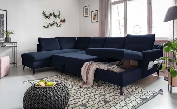 Ciemnoniebieska aksamitna rozkładana sofa w kształcie litery "U" Miuform Stylish Stan, lewostronna