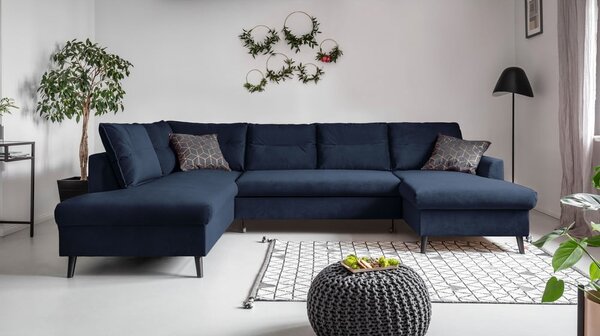 Ciemnoniebieska aksamitna rozkładana sofa w kształcie litery "U" Miuform Stylish Stan, lewostronna