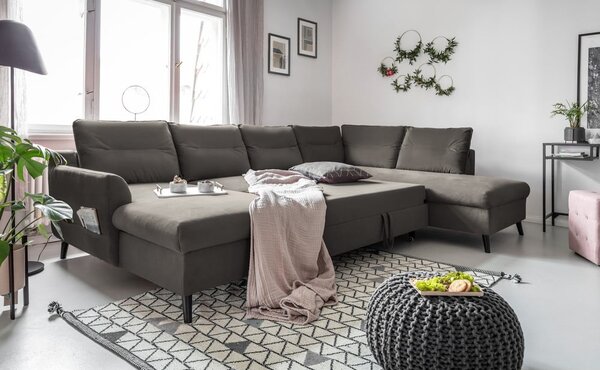 Ciemnoszara aksamitna rozkładana sofa w kształcie litery "U" Miuform Stylish Stan, prawostronna