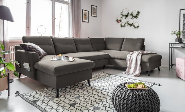 Ciemnoszara aksamitna rozkładana sofa w kształcie litery "U" Miuform Stylish Stan, prawostronna