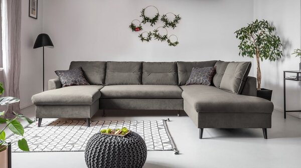 Ciemnoszara aksamitna rozkładana sofa w kształcie litery "U" Miuform Stylish Stan, prawostronna