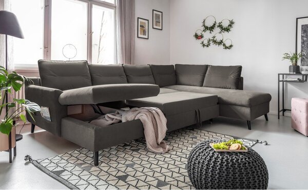 Ciemnoszara aksamitna rozkładana sofa w kształcie litery "U" Miuform Stylish Stan, prawostronna