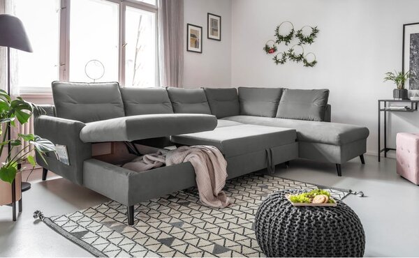 Jasnoszara aksamitna rozkładana sofa w kształcie litery "U" Miuform Stylish Stan, prawostronna
