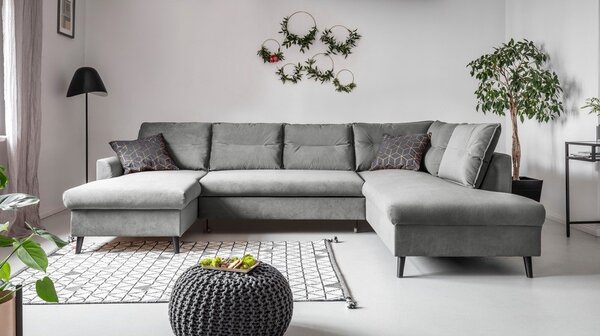 Jasnoszara aksamitna rozkładana sofa w kształcie litery "U" Miuform Stylish Stan, prawostronna