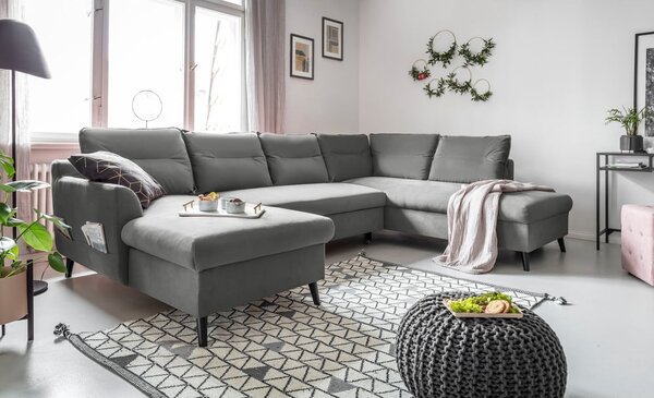 Jasnoszara aksamitna rozkładana sofa w kształcie litery "U" Miuform Stylish Stan, prawostronna