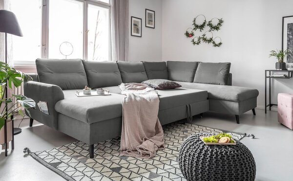 Jasnoszara aksamitna rozkładana sofa w kształcie litery "U" Miuform Stylish Stan, prawostronna
