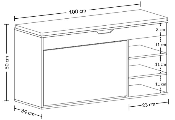 Szafka na buty z siedziskiem i wysuwanymi półkami GRADIA, 100 x 34 x 50 cm