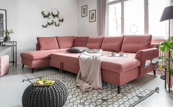 Różowa aksamitna rozkładana sofa w kształcie litery "U" Miuform Stylish Stan, lewostronna