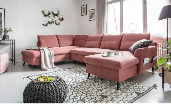 Różowa aksamitna rozkładana sofa w kształcie litery "U" Miuform Stylish Stan, lewostronna