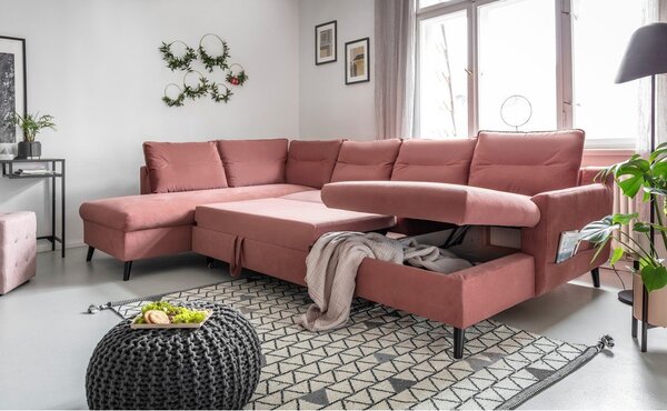 Różowa aksamitna rozkładana sofa w kształcie litery "U" Miuform Stylish Stan, lewostronna