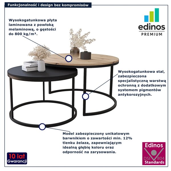 Zestaw okrągłych stolików kawowych dąb artisan + czarny D1-E43