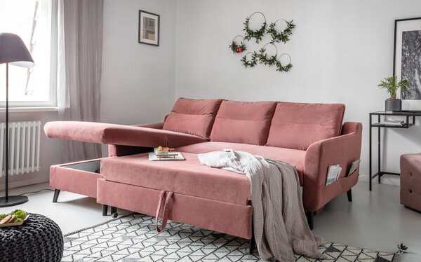 Różowy aksamitny narożnik rozkładany Miuform Stylish Stan, lewostronny